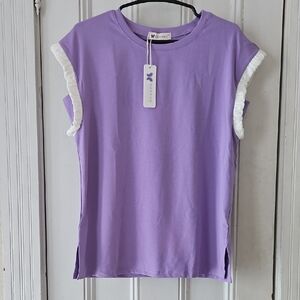 Darong Women’s Lavender Ruffle Cap Sleeve Casual Cotton Tee Small NWT